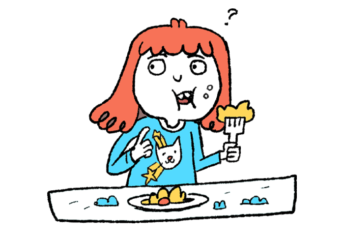 Illustration of Fjóla eating at school